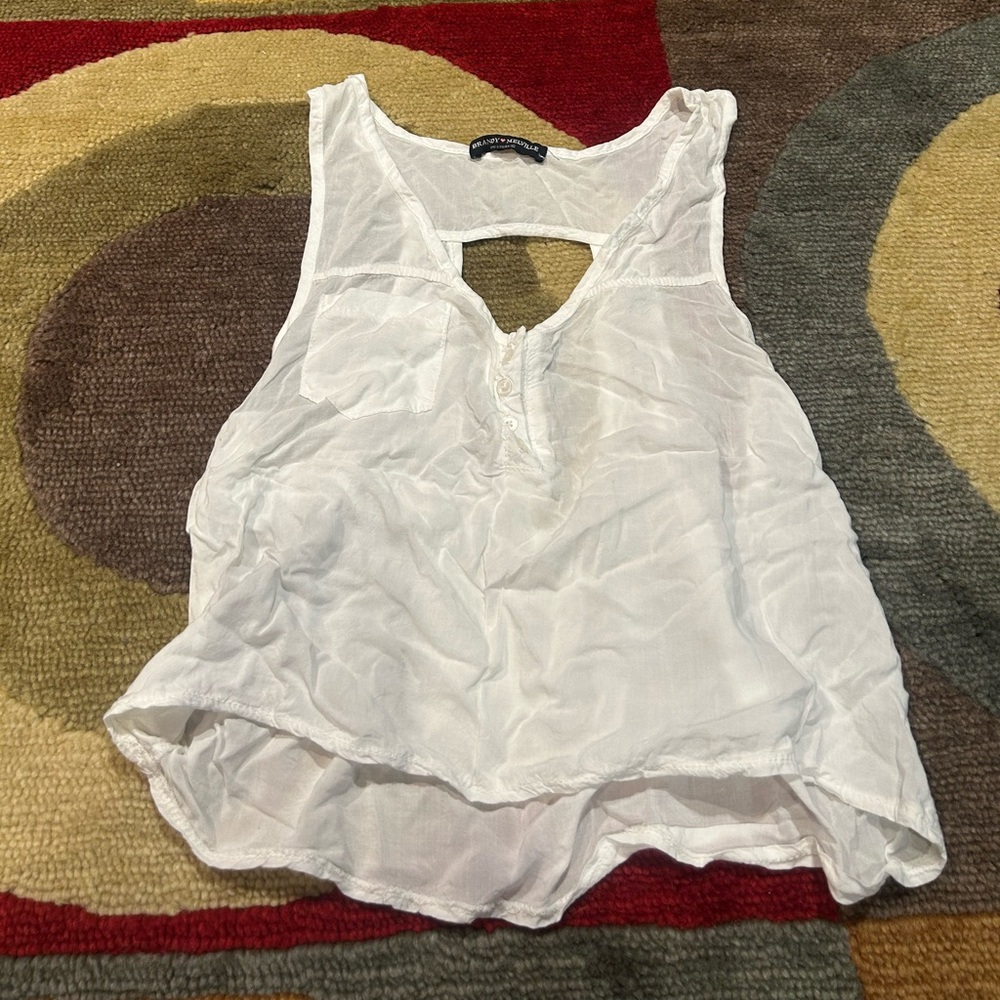 Brandy Melville White Sheer Blouse Tank Top Crop Top Henley Back Cutout Pocket